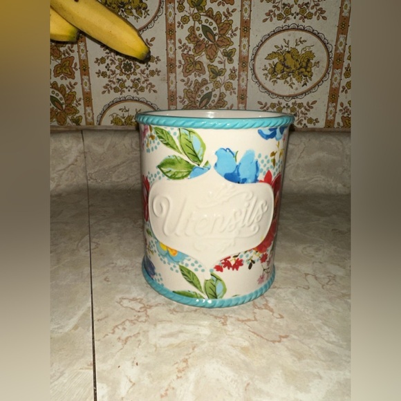 Pioneer Woman Floral Utensil Holder with Blue Trim - Picture 2 of 4